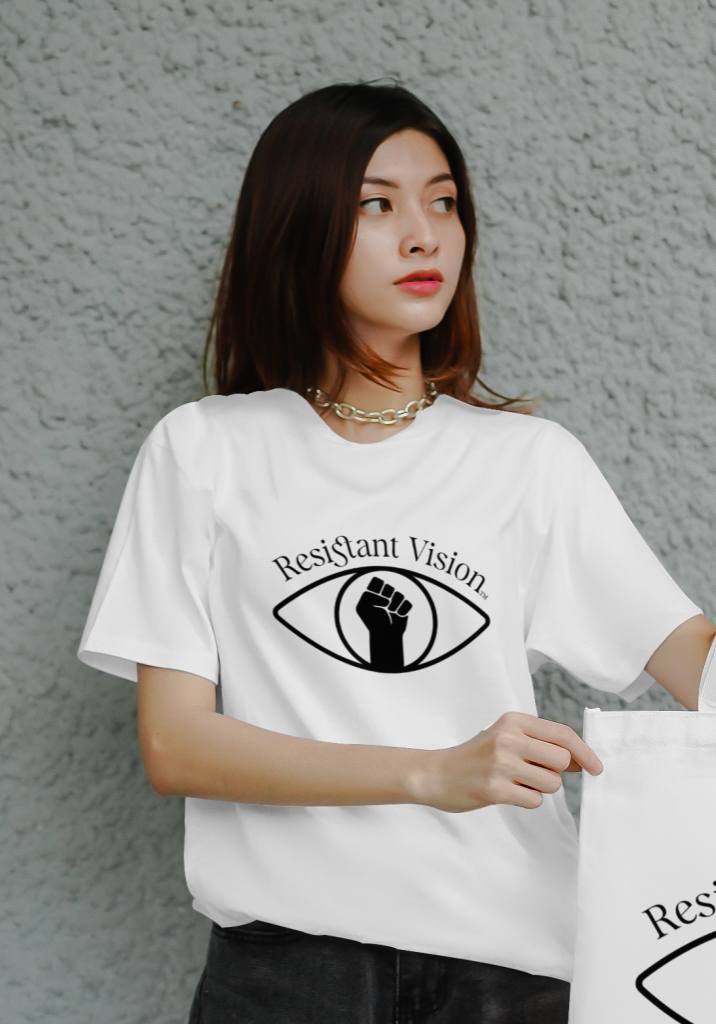 t-shirt with Resistant Vision Logo: fist inside iris of an eye